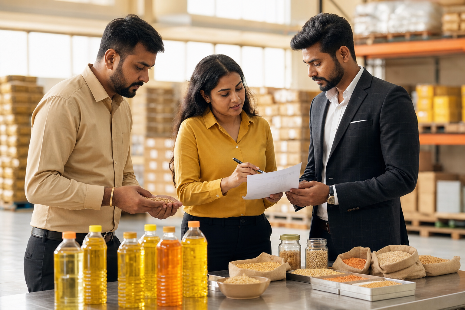 Commodity sourcing professionals inspecting food products