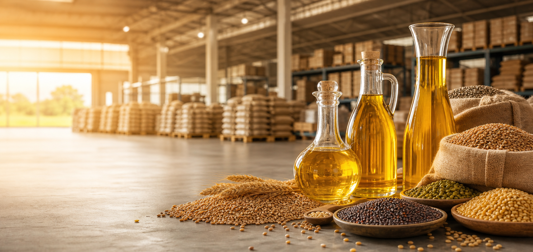 Golden edible oils and premium agro commodities in a modern distribution facility