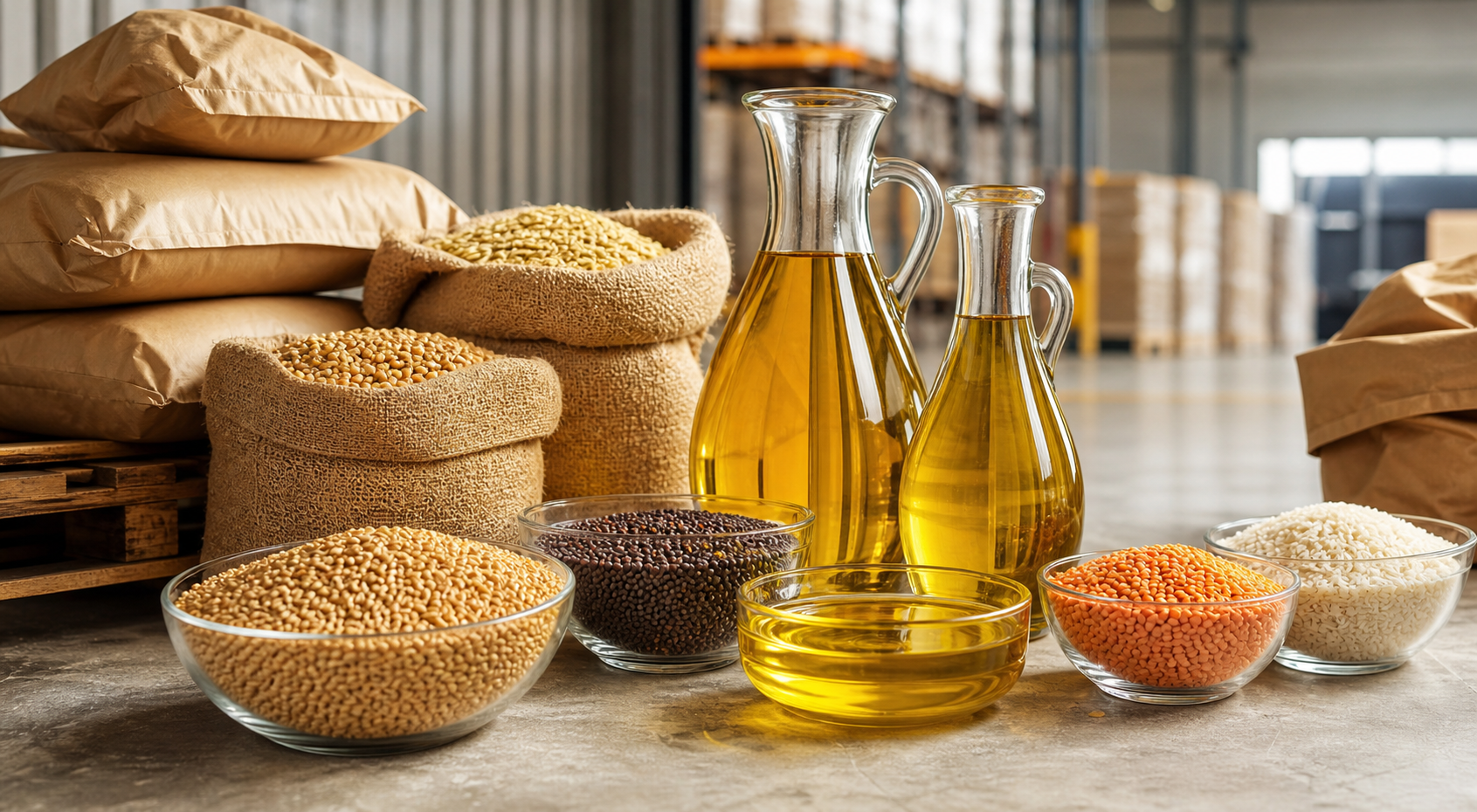 Edible oil, grains, rice and pulses prepared for wholesale distribution